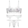 Lencería Sexy de Encaje de Venta Caliente Europea y Americana para Mujeres, Malla Fina, Minimiza Bustos Grandes, Recoge los Lados del Pecho, Previene la Flacidez, Conjunto de Sujetador de Tres Piezas