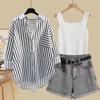 Ropa de verano un conjunto de 2025 nuevo estilo extranjero camisa a rayas chaleco pantalones cortos de mezclilla ajustados traje de tres piezas
