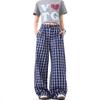 Azul marino Cuadros Relajados Pierna Ancha Pantalones Casuales para Mujer Verano Cintura Media Sueltos Diseño de Botones Rectos Pantalones Largos