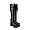 Botas de Couro Femininas Tamanho 34-43, Sapatos de Salto Alto de Tamanho Grande para Travessia de Fronteira, Botas de Cano Alto com Zíper de Couro Patente Brilhante, Salto Quadrado, Estilo Europeu e Americano