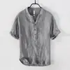 Camiseta de Lino de Manga Corta para Hombre Verano Cuello Casual Polo de Manga Media Vintage Arrugado Top de Algodón y Lino