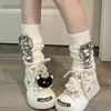 Aquecedores de perna fofos japoneses com tiras cruzadas outono e inverno malha jk meias laço listras verticais lolita meias largas femininas