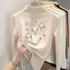 Camiseta infantil estilosa de fleece dupla face, gola alta discreta, top casual de manga longa, blusa de base escovada para outono e inverno infantil, novo estilo