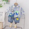 Traje de Bebé Verano Manga Corta Ropa Infantil Estilo Coreano Niños Rayas de Dibujos Animados Camisa Excavadora Pantalones Cortos de Manga Corta Traje de Dos Piezas Moderno