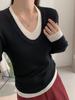 Suéter de punto de moda retro de dos piezas falsas para mujer, otoño e invierno, cuello U sexy, bloqueo de color, camiseta básica, top estilo coreano