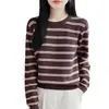 Suéter tejido de punto de algodón puro a rayas retro con cuello redondo para mujer, de manga larga, corte holgado, adelgazante, versátil, casual, estilo perezoso, suéter básico