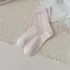 Calcetines largos con estampado floral rosa, estilo mujer, calcetines de otoño temprano estilo coreano hasta la mitad de la pantorrilla, con ribete dulce de encaje, estampado de lunares, sin costuras, resistentes al olor y con diseño de volantes