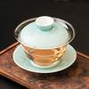 Taza de té de tres piezas con tapa de vidrio azul y blanco del fabricante, Tazón de té resistente al calor, Juego de té de cerámica, Tazón de té con tapa, Antiescaldado
