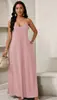 Vestido de Lino para Vacaciones de Verano 2026, Transfronterizo Europeo y Americano, Cuello en V con Tirantes, Vestido de Corte A Holgado con Dobladillo Amplio y Bolsillos para Mujer