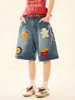Toalla Retro Estilo Americano Hamburguesa Papas Fritas Pantalones Cortos de Mezclilla Bordados Moda Verano Suelto Pierna Ancha Rectos para Hombre y Mujer