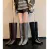 Botas altas adelgazantes y elegantes, Botas de montar de cuero de corte recto retro francés para mujer, Botas altas hasta la rodilla chic de puntera cuadrada y tacón grueso