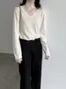 Camiseta Base de Punto con Parches de Encaje Estilo Coreano Lu Xi de Cuello Alto para Mujer Otoño Diseño de Lana Manga Larga Tss1126