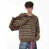 Suéter Retro Americano de Rayas y Bloques de Color con Cuello Redondo para Hombres y Mujeres Otoño Marca de Moda Cardigan Perezoso Holgado Ajuste Relajado Ropa de Abrigo