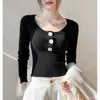 Suéter tejido de punto para mujer con diseño de botones suaves, cuello en U, corto, ajustado, versátil, jersey, estilo nuevo, top básico, moderno, gris