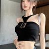 Estilo Lujuria Pura Sexy Chica Caliente Hebilla Metálica Halter Top Corto de Verano para Mujer Sin Espalda Sin Mangas Tirantes Pequeños Top Negro