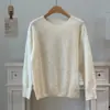 Camiseta de punto de lana de cachemir para mujer en otoño e invierno, pelo largo cepillado, suave, cerosa, cálida, versátil, cuello en V/cuello redondo, suéter de colores