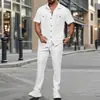 2025 Verão Novo Conjunto de Duas Peças Masculino Europeu e Americano Estação Independente Cor Sólida Bolso com Botão Camisa Manga Curta Calça