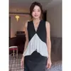 Top Elegante Color-Blocking Decote V Estilo Francês Maduro Nicho Emagrecedor Moda Feminina Tendência Nova Primavera/Verão 2025