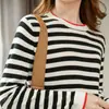 Camiseta de punto para mujer de algodón puro, a rayas, cuello redondo, manga larga, color liso, estilo nuevo de primavera, top holgado, versátil y transpirable