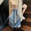 Mochila de Mujer Estilo Coreano de Nicho 2025 Nueva Bolso de Mezclilla Lavada de Gran Capacidad Mochila Cubo Personalizada de Moda