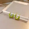 Brincos de Flor com Pedra Olho de Gato Verde Agulha de Prata, Tendência Tiktok Antiperda Fio de Orelha Ginkgo Bambu Flor de Quatro Pétalas Presilhas de Orelha