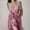 Conjunto Divertido Sexy de Cetim Plus Almofada no Peito Costas Cruzadas Decote em V Costas Nuas Roupa de Casa Feminina Lingerie de Alça Camisola 6193
