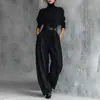 Roupas Femininas Novas Transfronteiriças Europeias e Americanas, Conjunto de Duas Peças Mais Vendido da Amazon com Gola Alta, Manga Longa e Calça Wide Leg de Cintura Alta com Cinto