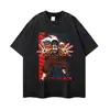 Camiseta impresa de manga corta, negro lavado y desgastado estilo americano, corte holgado, diseño unisex moderno, inspirada en anime, hombros caídos, disponible en versiones de manga corta y manga larga