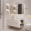 Gabinete Lateral Inteligente Combinado de Madera Maciza Estilo Crema de Lujo Ligero Gabinete de Baño con Lavabo Cerámico Integrado