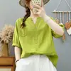Camisa de Gaze de Algodão Dupla Camada com Decote V de Manga Curta para Mulheres no Verão, Solta e Versátil, Macia, Amiga da Pele, Respirável, Absorvente de Suor, Top 100% Algodão Puro