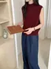 Chaleco de punto fino de lana para mujer, capa base sin mangas tipo jersey, cuello semi-alto, 100% lana, chaleco de punto para mujer de un solo pecho