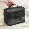 Nueva bolsa de maquillaje de malla de gran capacidad para viajes, sencilla y portátil, bolsa de aseo personal de doble capa, bolsa de almacenamiento de cosméticos portátil