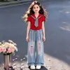 Conjunto de Verano Dopamina Estilo Academia para Niñas Moda Cuello Azul Marino Manga Corta Versátil Pantalones Finos de Mezclilla Conjunto de Dos Piezas