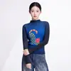 Camiseta de manga larga plisada con estampado de lunares y gatos a la moda, elegante cuello semi-alto, corte ajustado, top versátil básico