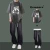 Camiseta de Manga Corta para Hombre Traje de Moda de Verano Set de Top para Niños Jeans a Juego Conjunto de Dos Piezas a la Moda