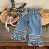 Estrella infantil Redondo Primavera y Otoño Nuevo jeans de estilo occidental para niñas Estilo coreano niños bebé casual recto pantalones de oreja de madera