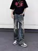 Jeans Masculino Retro Americano Rasgado Pierna Reta Solto Marca Tendência Scoundrel Design Cool de Nicho Calças de Mendigo Roupa Masculina