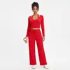 Conjunto de três peças de yoga e fitness estilo europeu e americano: calças largas e fluidas, alta elasticidade, amigáveis à pele, adequadas para Pilates, corrida e uso casual