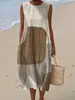 Vestido regata sem mangas com blocos de cor geométricos em estilo étnico para mulheres, vestido tanque de comprimento médio de algodão e linho soltinho para o verão