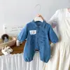 Mono de Mezclilla con Estampado de Cachorro de Dibujos Animados Lindo Dianxi para Bebés y Niños Pequeños, Mono Largo Nuevo Estilo Otoño para Bebé