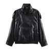 Chaqueta Casual de Calle de Cuello Alto de Cuero Lichi Color Sólido de Invierno 2025 Europea y Americana Transfronteriza para Mujer