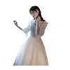 Vestido de novia ligero 2026 nuevo modelo para compromiso y registro, bata de mañana de color liso para fotografía de viaje, cuello en V, mangas cortas abullonadas, largo hasta el suelo, nicho de lujo ligero