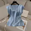 Nueva Camiseta de Manga Corta con Lazo Estilo Francés para ceñir la cintura, Transfronteriza Amazon Aliexpress, Camisa de Moda Satinada para Mujer 2025