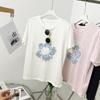 Playera Casual de Algodón Copo de Nieve Adelgazante Estilo Coreano Suave y Cómoda para Mujer, Playera de Moda con Personalidad Holgada con Estampado Floral para Mujer