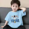 Camiseta de Manga Curta para Meninos de Verão, Top Estiloso Coreano Estampado Bonito, Camisa Fina de Algodão Puro com Gola Redonda para Crianças de Tamanho Médio e Grande, Manga Meia