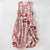 Vestido Casual de Algodão Puro com Estampa Digital Nova, Gola Redonda, Sem Mangas, Comprimento Médio, Para Mulheres, Verão na Praia