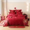 Conjunto de Quatro Peças de Algodão de Fio Longo Estilo Chinês Novo com Bordado da Palavra Felicidade Capa de Edredom de Casamento Algodão Puro Roupa de Cama Vermelha de Casamento