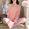 Pijama Derong para Mujer con Almohadillas para el Pecho Otoño e Invierno Nuevo Estilo Coreano Dulce Sencillo de Manga Larga Engrosado Cálido Conjunto de Ropa para el Hogar