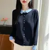 Cárdigan de punto con diseño de cuello polo, nuevo top ligero de verano color block de manga larga, lana fina, estilo simple para mujer