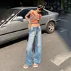 Jeans de Cor Clara com Barra Reta Feminino Calça de Cintura Baixa Calça Reta Calça de Perna Larga Verão 2025 Novo Solta Mop
